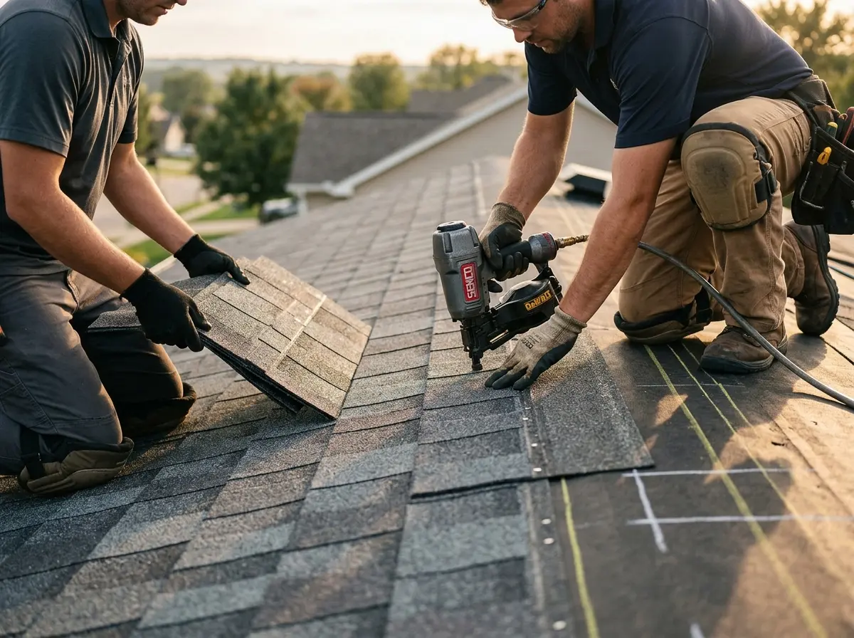 Professional roofer working on a residential roof in Clementon